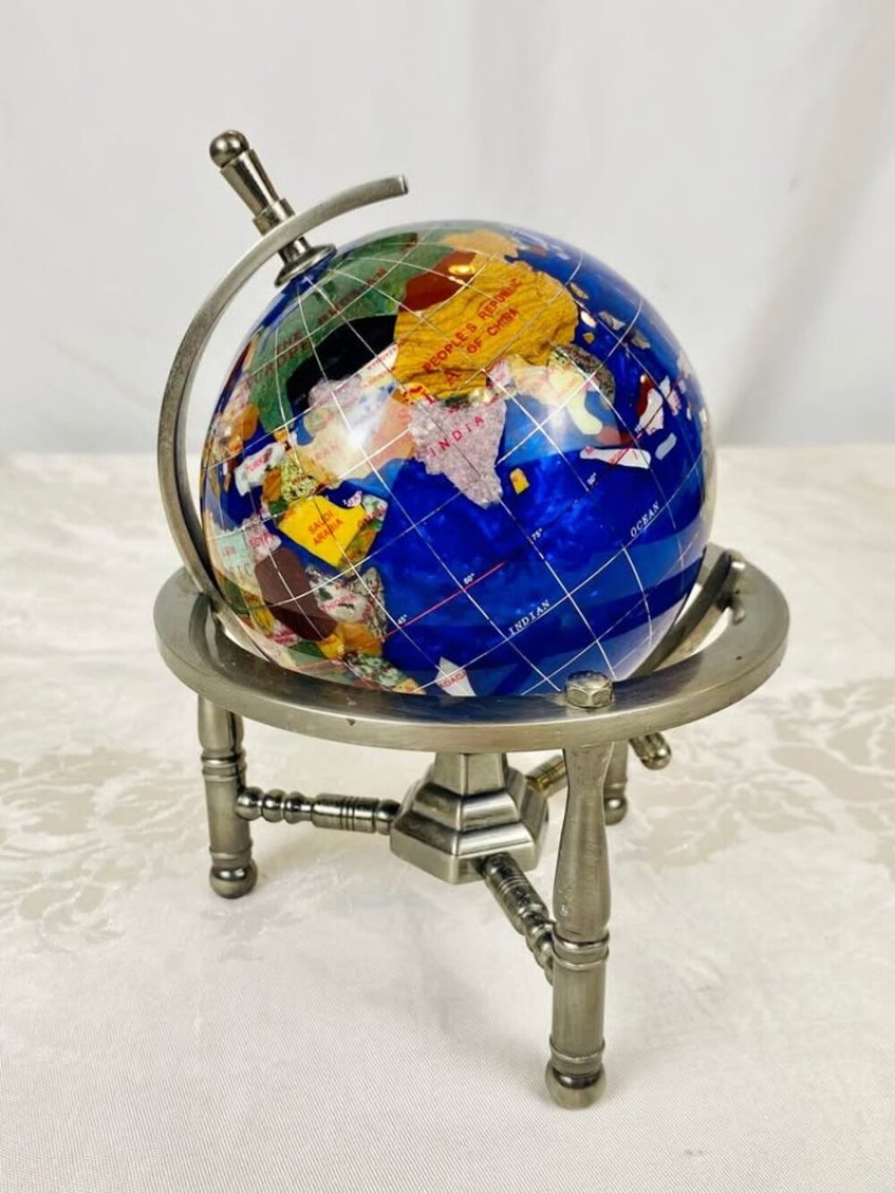 Decorative 7” Cobalt Blue World Globe – Gemstone Style Inlay – Silver Tone Metal